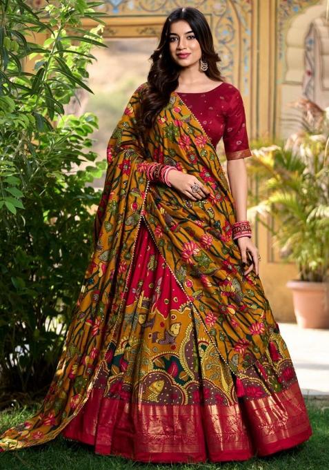 Multi Embroidered Silk Lehenga Set With Dupatta