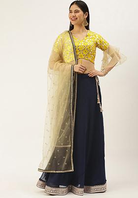 Navy Blue Embroidered Georgette Lehenga Set