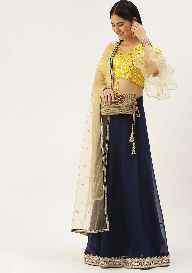 Navy Blue Embroidered Georgette Lehenga Set