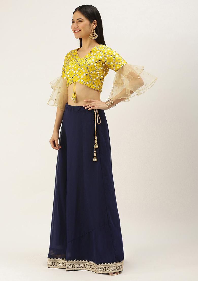 Navy Blue Embroidered Georgette Lehenga Set