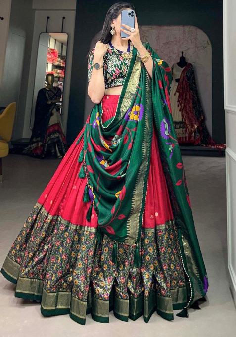 Multi Embroidered Silk Lehenga Set With Dupatta