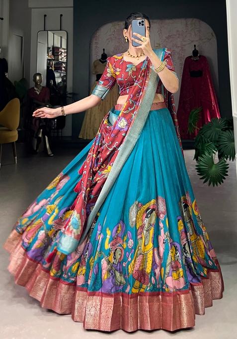 Multi Embroidered Silk Lehenga Set With Dupatta