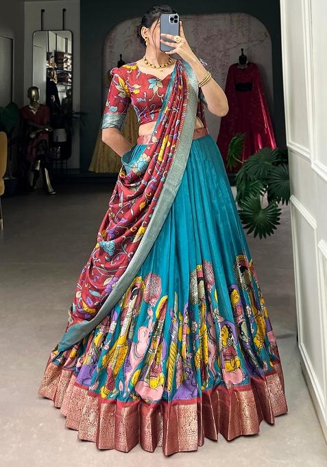 Multi Embroidered Silk Lehenga Set With Dupatta