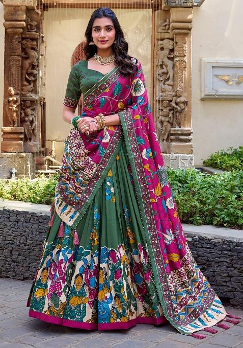 Multi Embroidered Silk Lehenga Set With Dupatta
