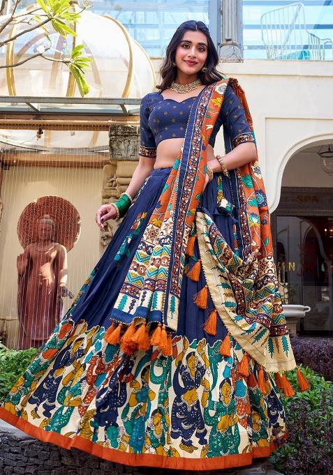 Multi Embroidered Silk Lehenga Set With Dupatta