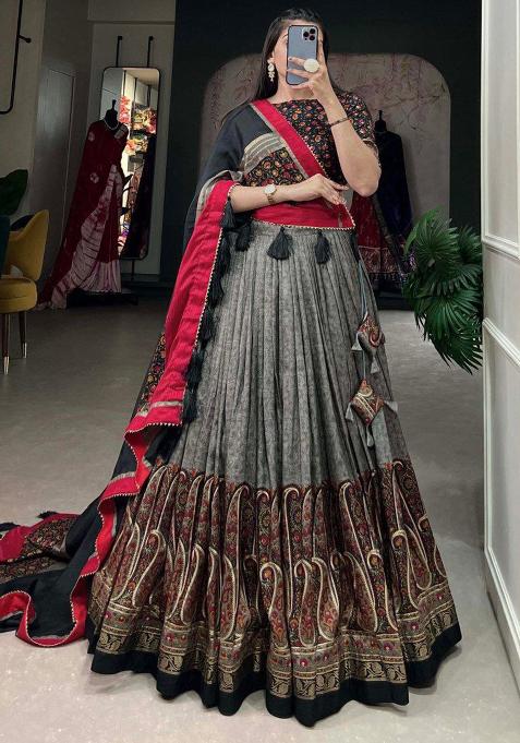 Multi Embroidered Silk Lehenga Set With Dupatta