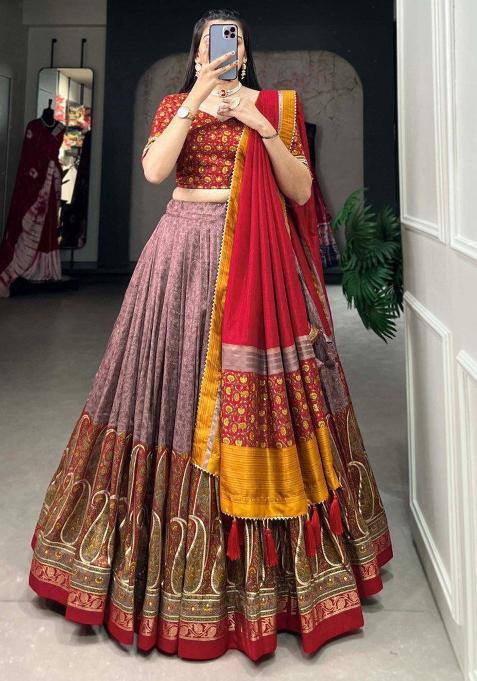 Multi Embroidered Silk Lehenga Set With Dupatta