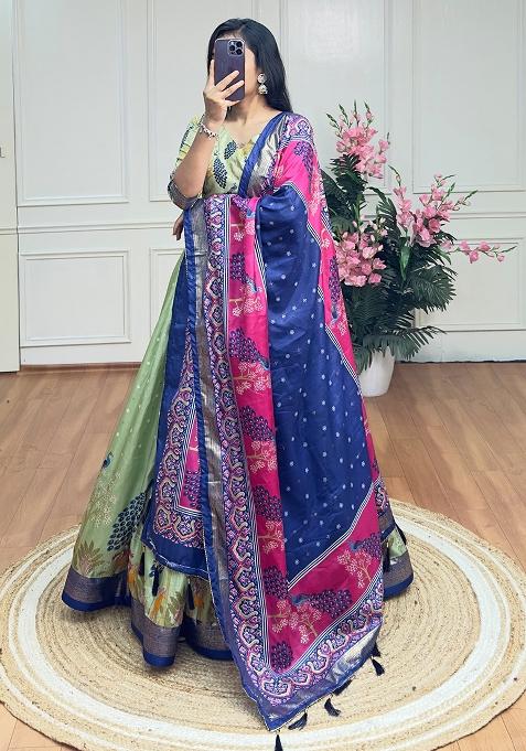 Multi Embroidered Silk Lehenga Set With Dupatta