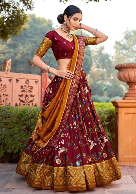 Multi Embroidered Silk Lehenga Set With Dupatta
