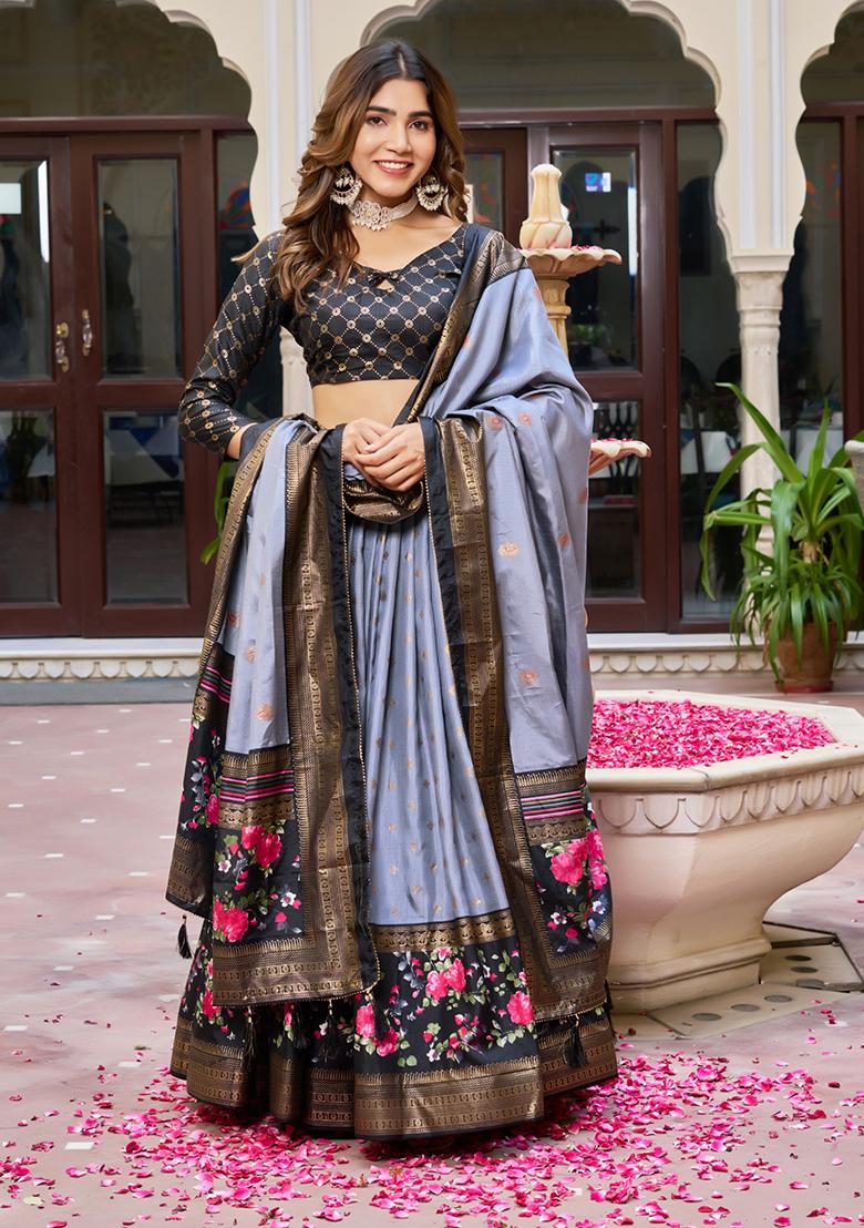 Multi Embroidered Silk Lehenga Set With Dupatta