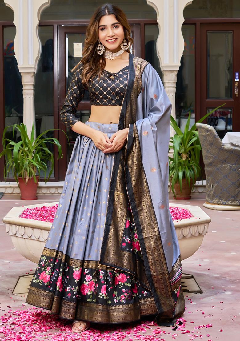 Multi Embroidered Silk Lehenga Set With Dupatta