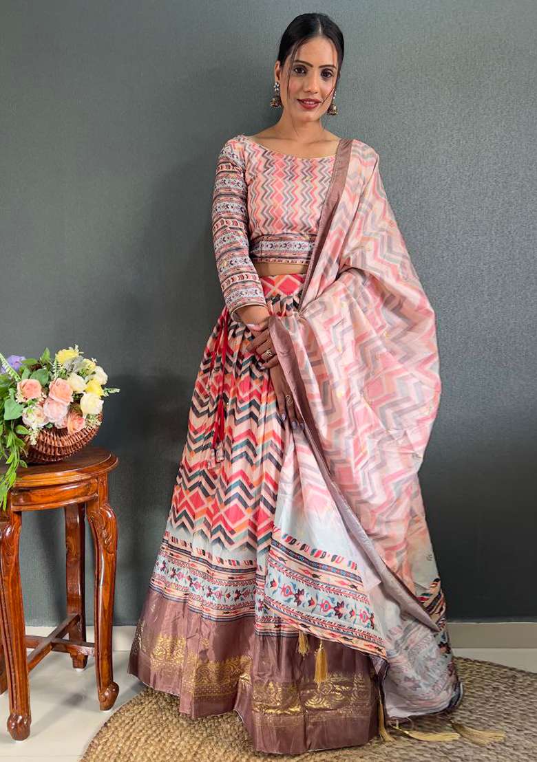 Multi Embroidered Silk Lehenga Set With Dupatta - Indya