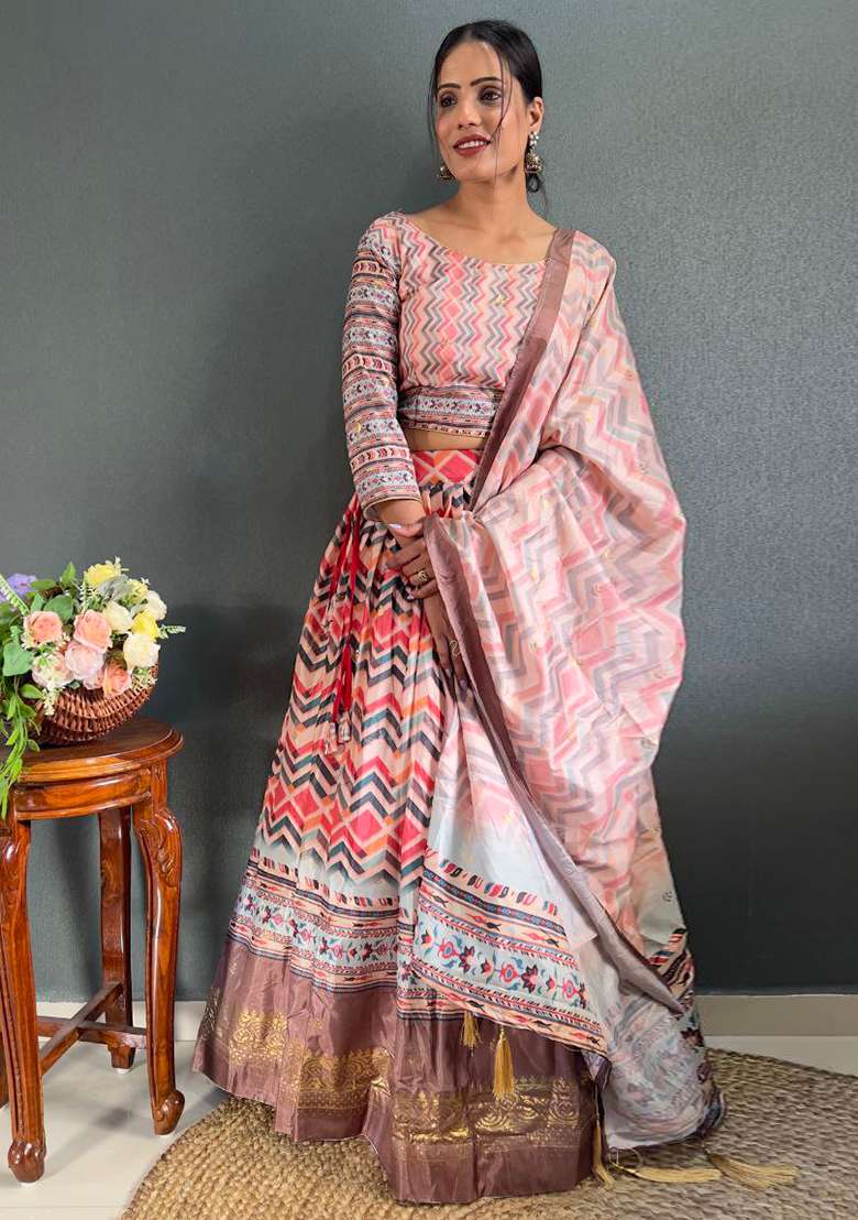Multi Embroidered Silk Lehenga Set With Dupatta - Indya
