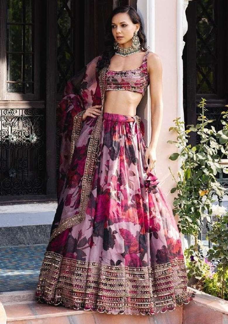 Multi Silk With Dupatta Lehenga Set with Embroidered for Diwali | Wedding & Festive Wear - Indya