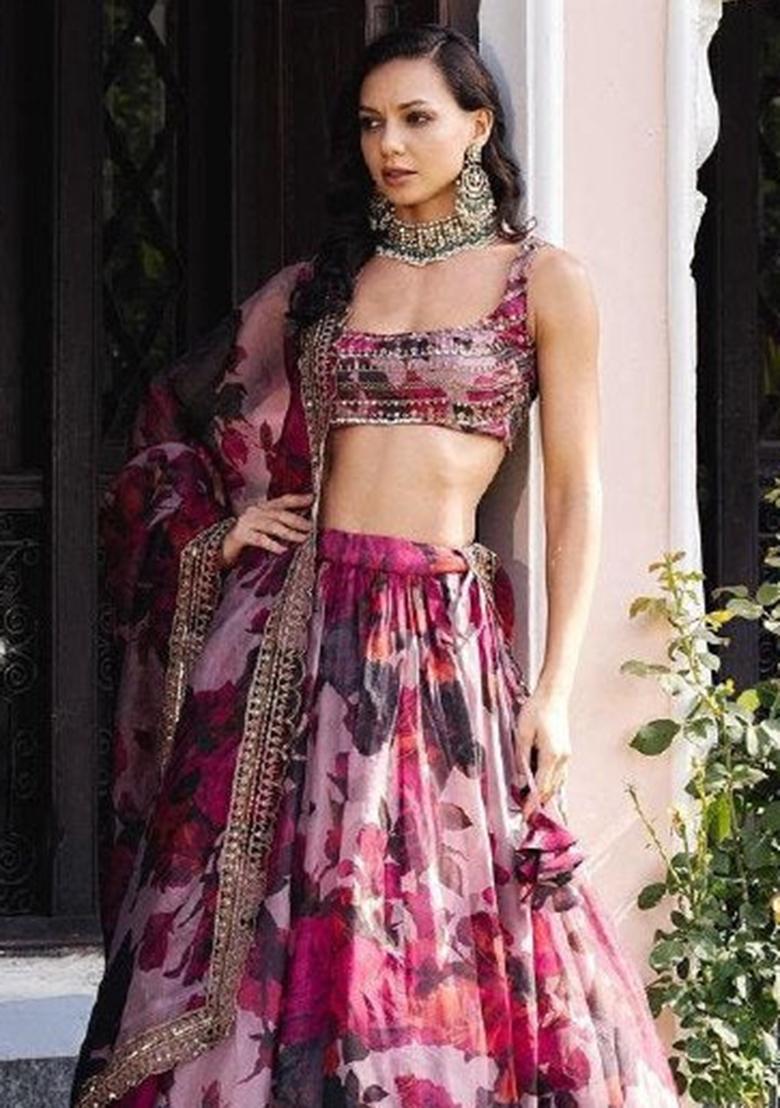 Multi Embroidered Silk Lehenga Set With Dupatta