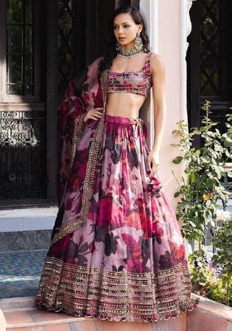 Multi Embroidered Silk Lehenga Set With Dupatta