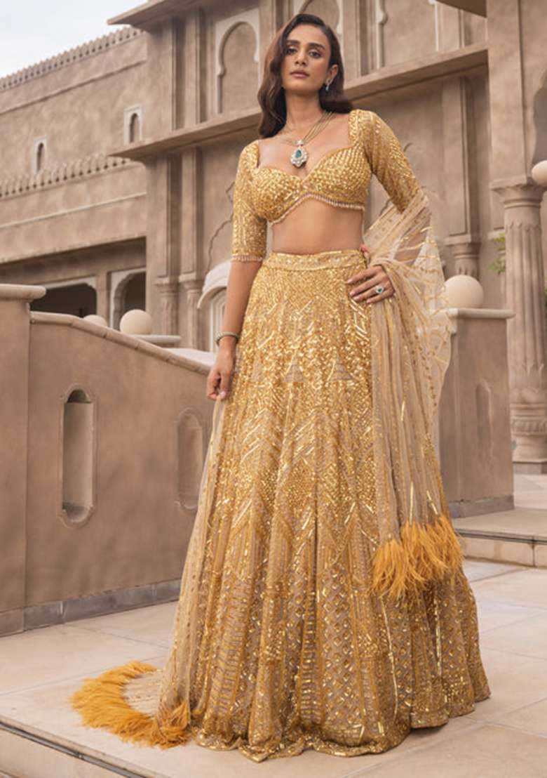 Multi Embroidered Silk Blend Lehenga Set With Dupatta - Indya