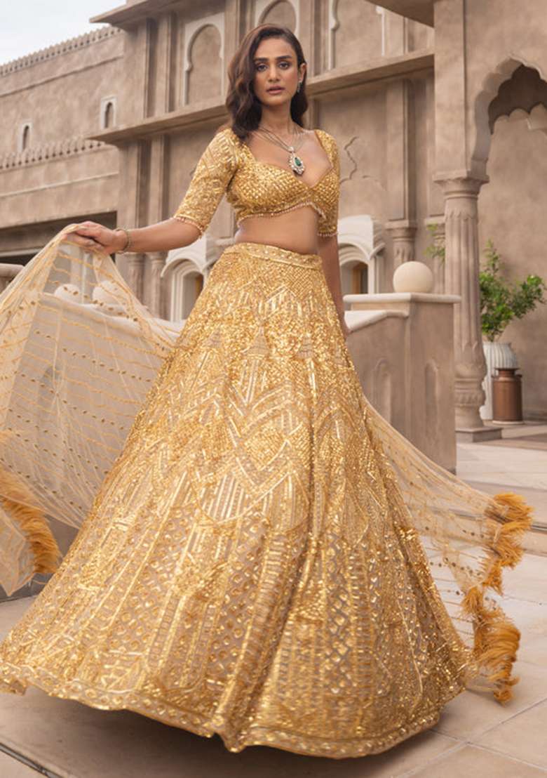 Multi Embroidered Silk Blend Lehenga Set With Dupatta - Indya
