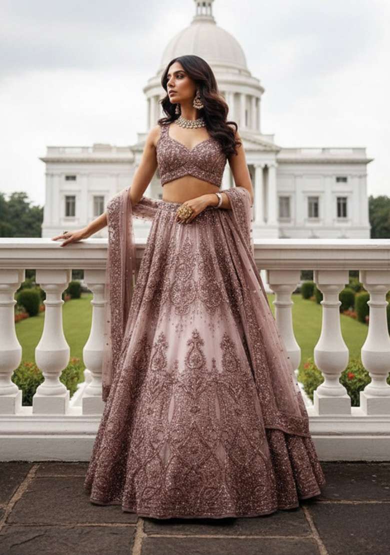 Multi Embroidered Silk Lehenga Set With Dupatta - Indya