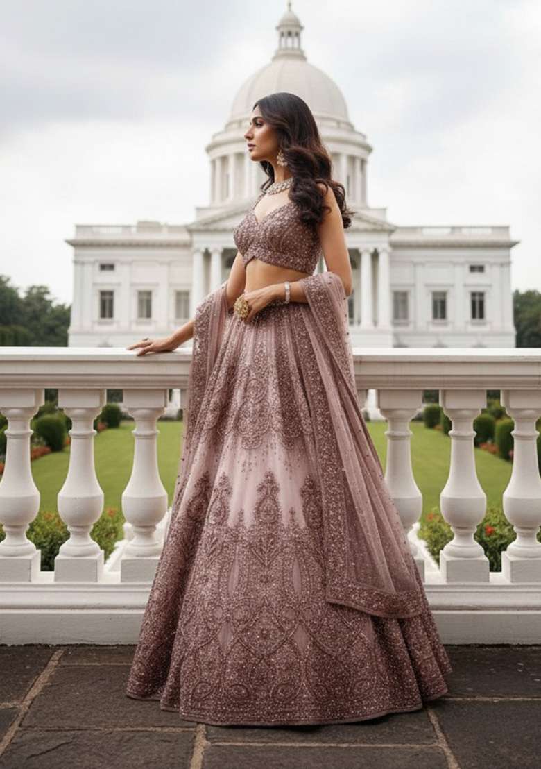 Multi Embroidered Silk Lehenga Set With Dupatta - Indya
