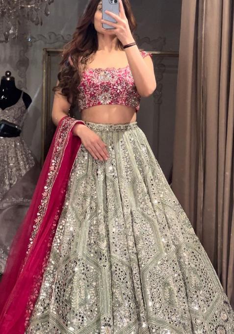 Multi Embroidered Silk Lehenga Set With Dupatta