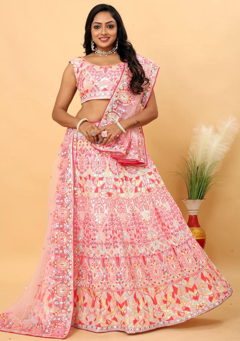 Multi Embroidered Silk Lehenga Set With Dupatta