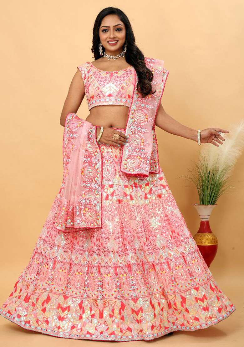 Multi Embroidered Silk Blend Lehenga Set With Dupatta for Diwali and Festive Wear - Indya