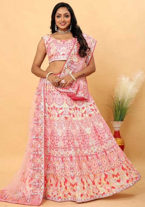 Multi Embroidered Silk Lehenga Set With Dupatta