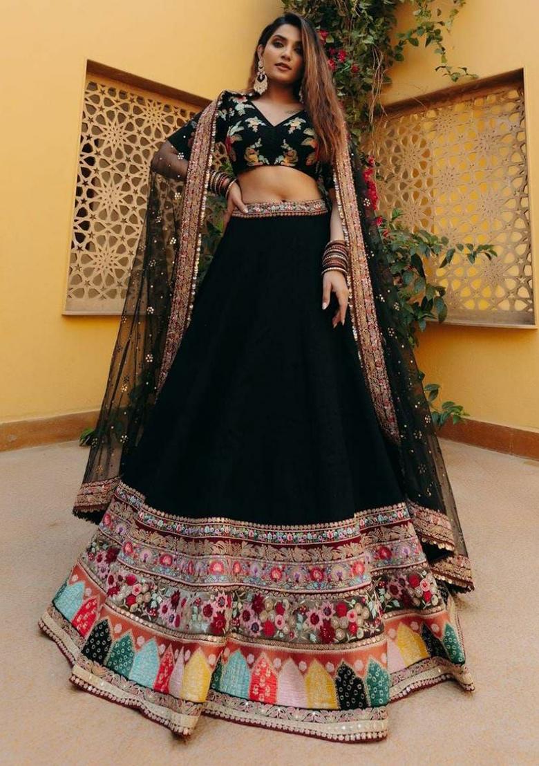 Multi Embroidered Silk Lehenga Set With Dupatta