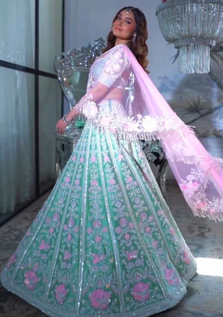 Multi Embroidered Silk Lehenga Set With Dupatta - Indya