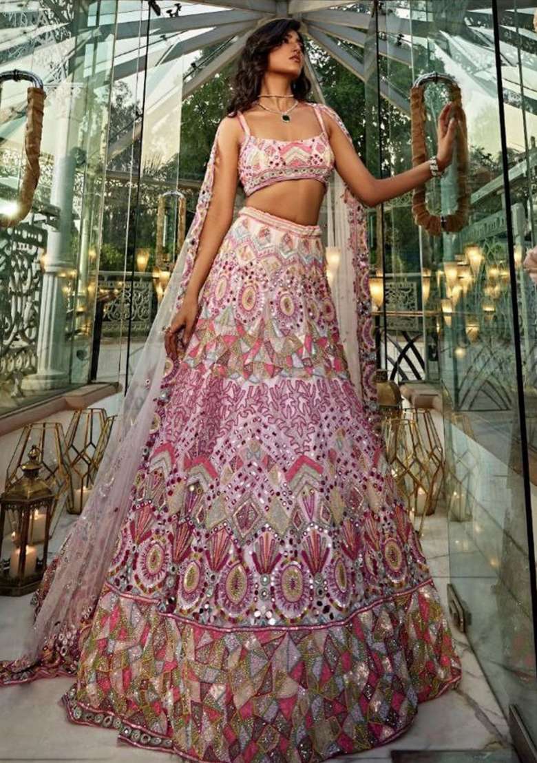 Multi With Dupatta Silk Blend Lehenga Set with Embroidered for Diwali | Wedding & Festive Wear - Indya