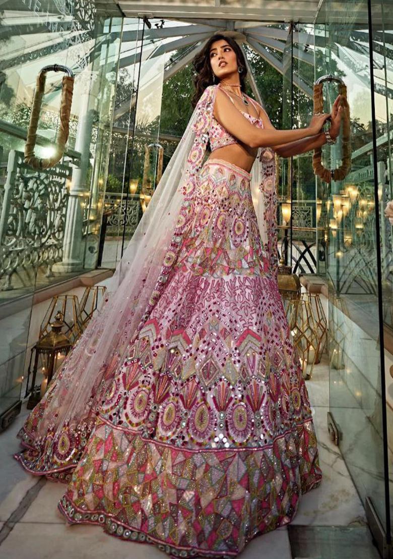 Multi Embroidered Silk Lehenga Set With Dupatta