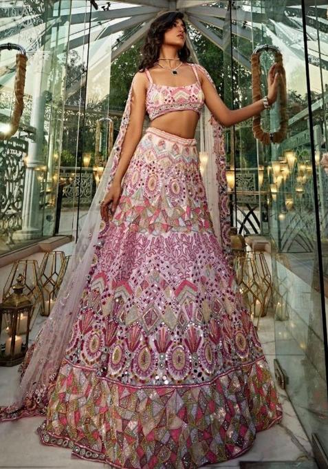 Multi Embroidered Silk Lehenga Set With Dupatta