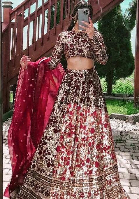 Multi Embroidered Silk Lehenga Set With Dupatta
