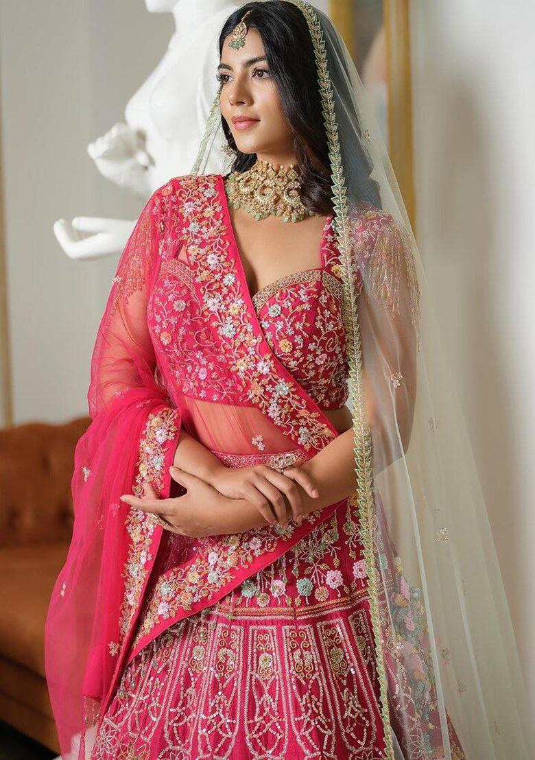 Pink Embroidery Sequin Work Satin Lehenga Set With Dupatta - Indya