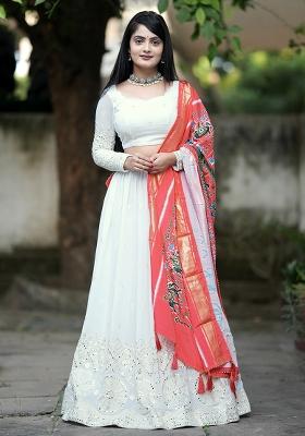 White Embroidery Sequin Work Georgette Lehenga Set With Dupatta