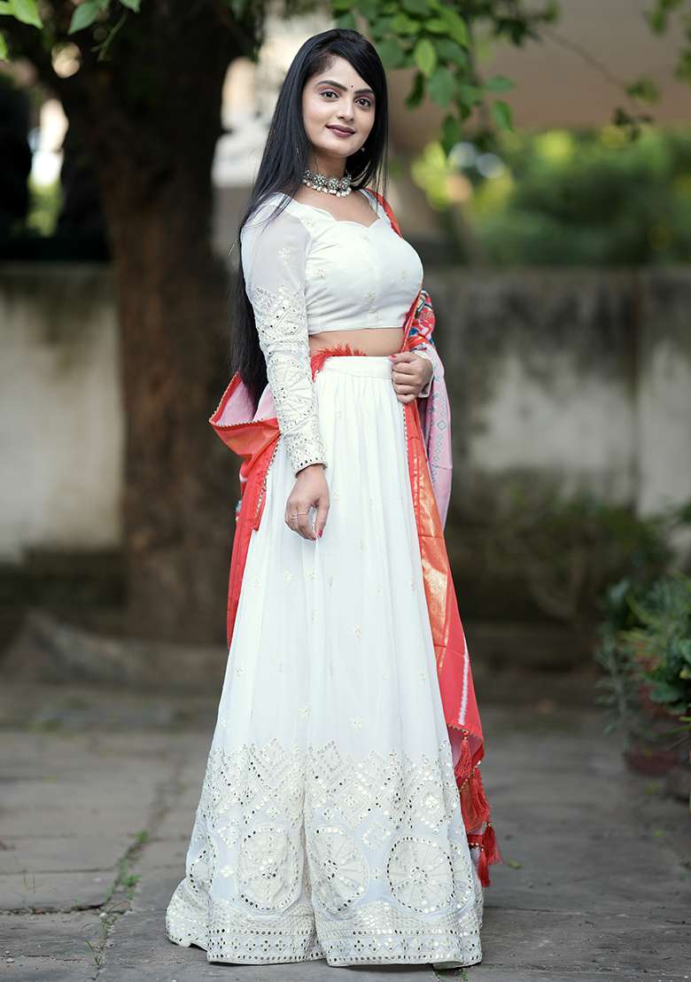 White Embroidery Sequin Work Georgette Lehenga Set With Dupatta - Indya