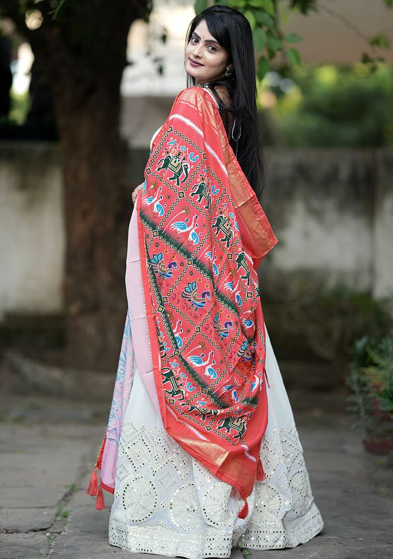 White Embroidery Sequin Work Georgette Lehenga Set With Dupatta - Indya