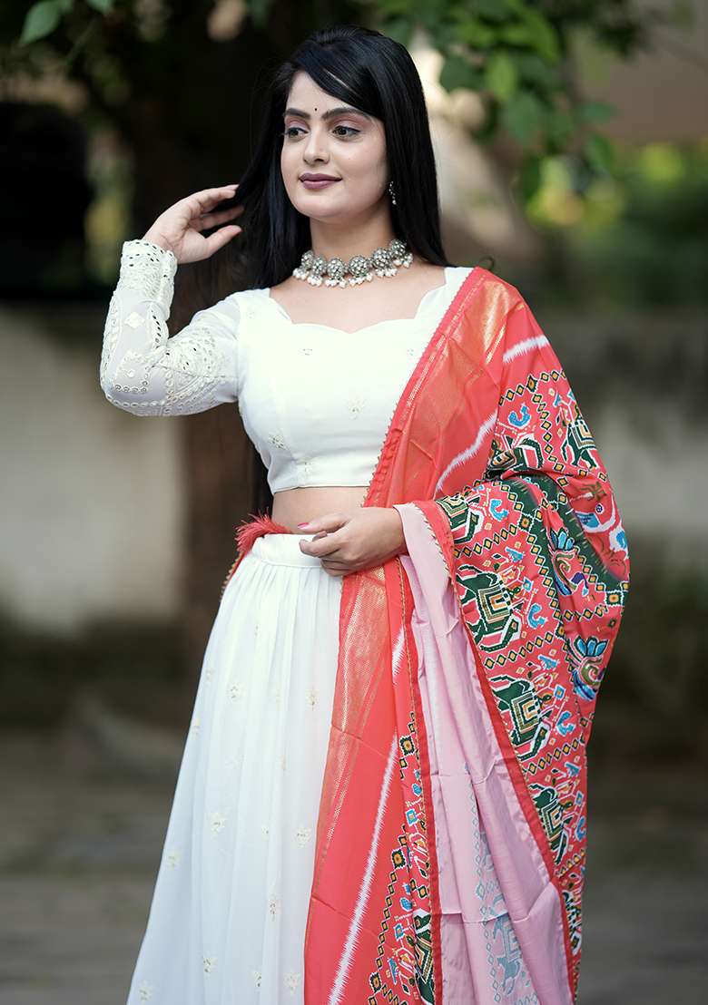 White Embroidery Sequin Work Georgette Lehenga Set With Dupatta - Indya
