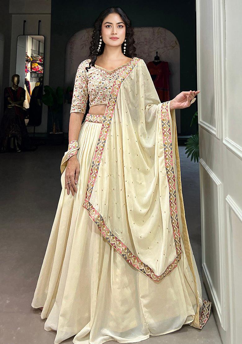 Offwhite Embroidery Sequin Work Georgette Lehenga Set With Dupatta - Indya