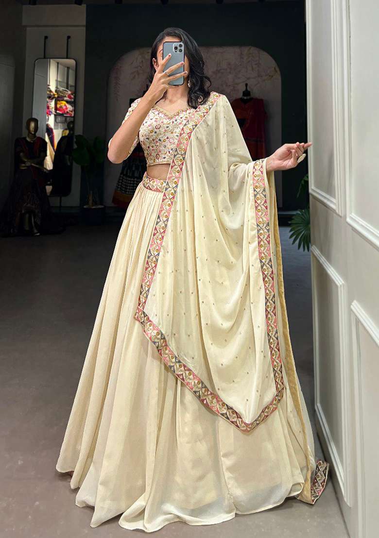 Offwhite Embroidery Sequin Work Georgette Lehenga Set With Dupatta - Indya