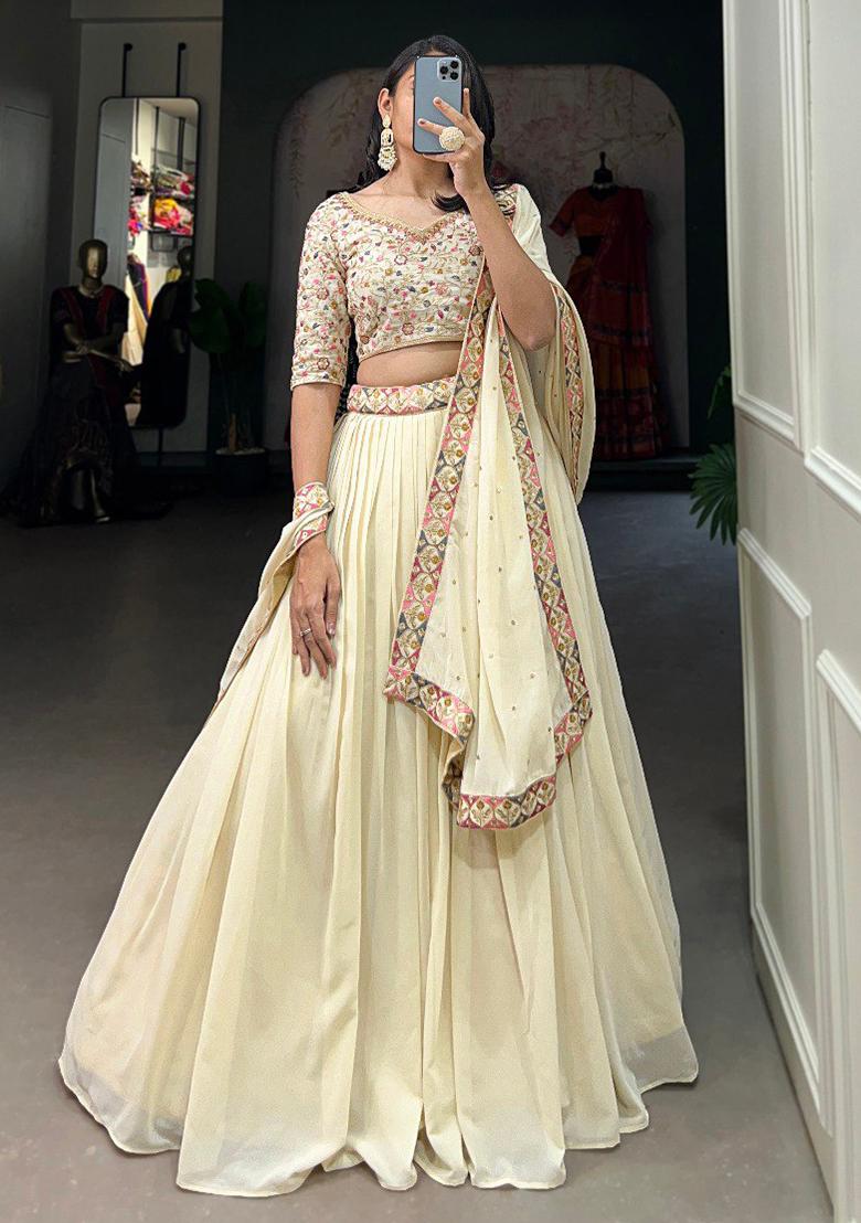 Offwhite Embroidery Sequin Work Georgette Lehenga Set With Dupatta - Indya
