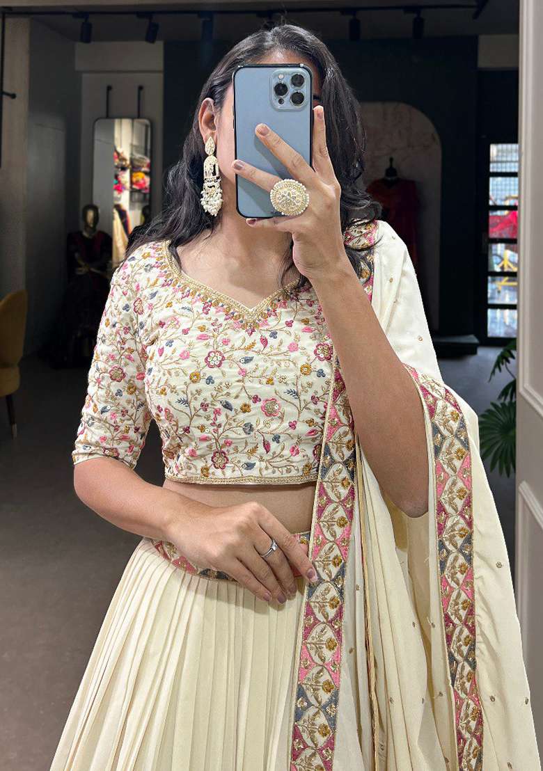 Offwhite Embroidery Sequin Work Georgette Lehenga Set With Dupatta - Indya
