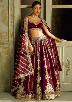 Maroon Golden Embroidery Work Art Silk Lehenga Set With Dupatta