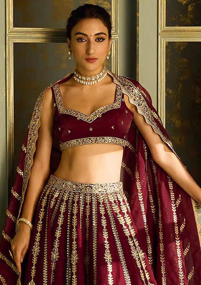 Maroon Golden Embroidery Work Art Silk Lehenga Set With Dupatta - Indya