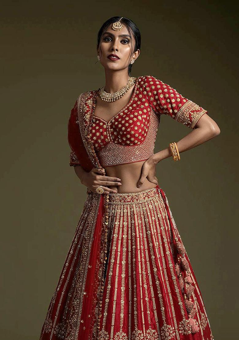 Maroon Embroidery Golden Sequin Work Satin Lehenga Set With Dupatta - Indya