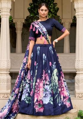 Blue Digital Flower Printed Satin Lehenga Set With Dupatta