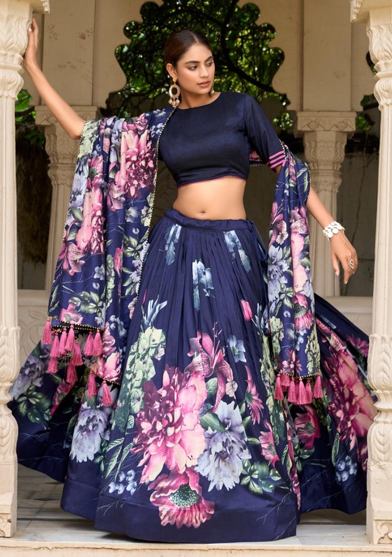 Blue Digital Flower Printed Satin Lehenga Set With Dupatta - Indya