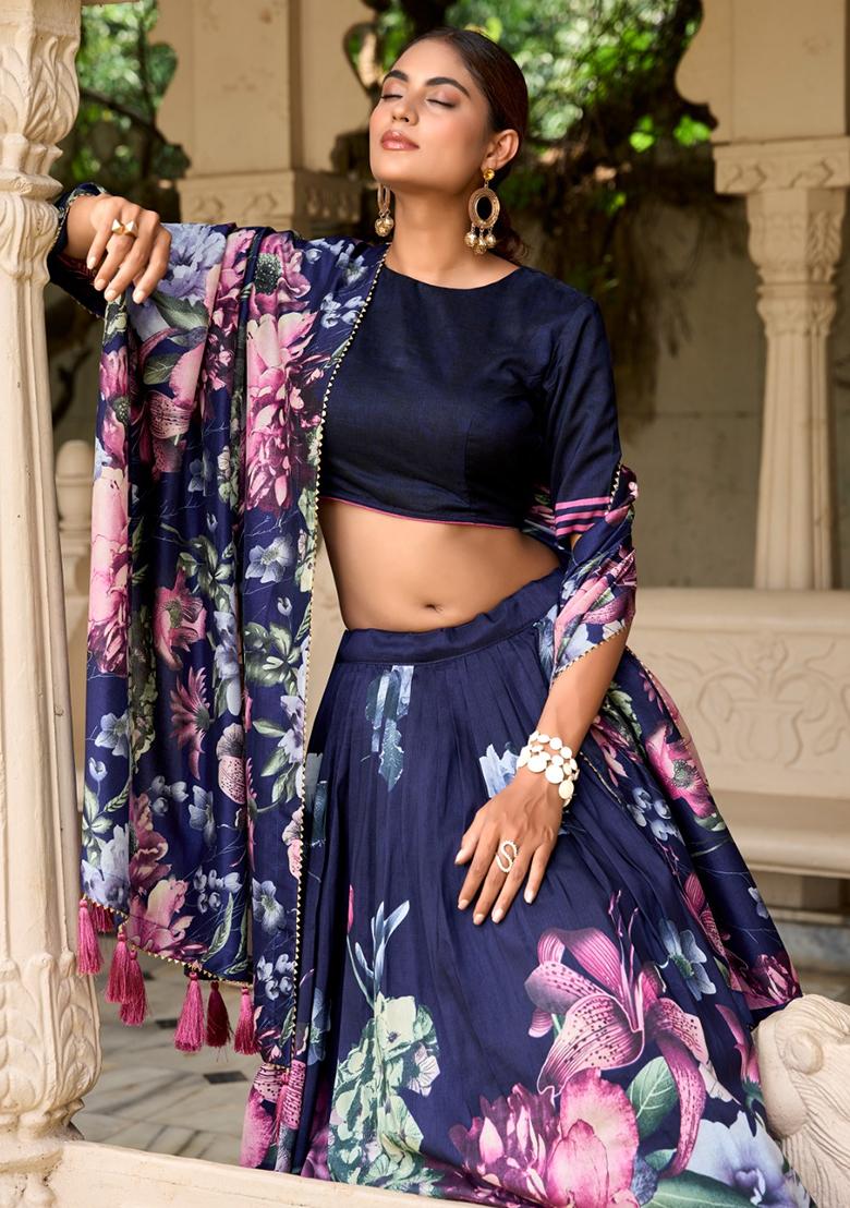 Blue Digital Flower Printed Satin Lehenga Set With Dupatta - Indya