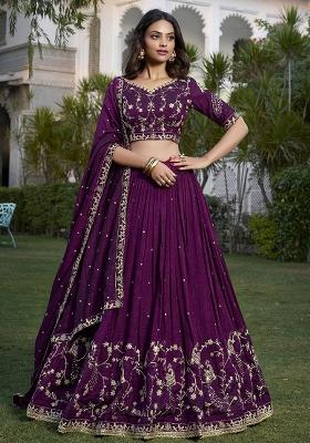 Purple Embroidery Sequin Work Art Silk Lehenga Set With Dupatta